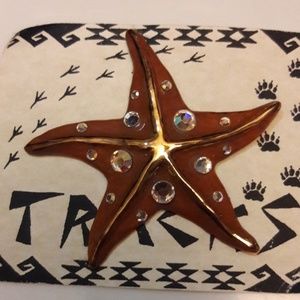 Ceramic Starfish Pin Rhinestones Gold New